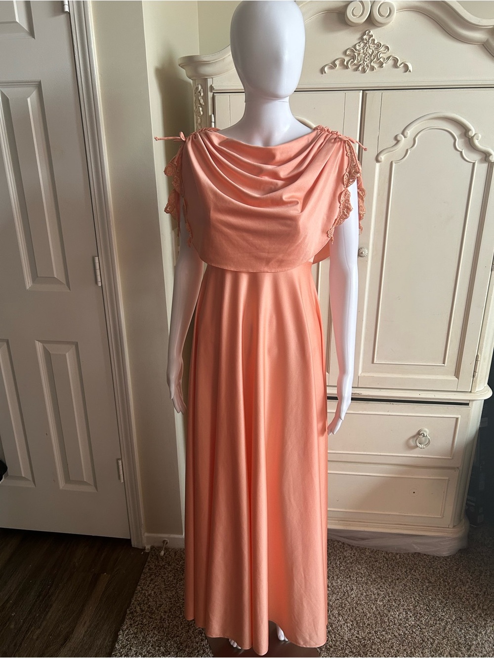 Elegant Women's Coral Maxi Dress with Draped Neck 1970s vtg